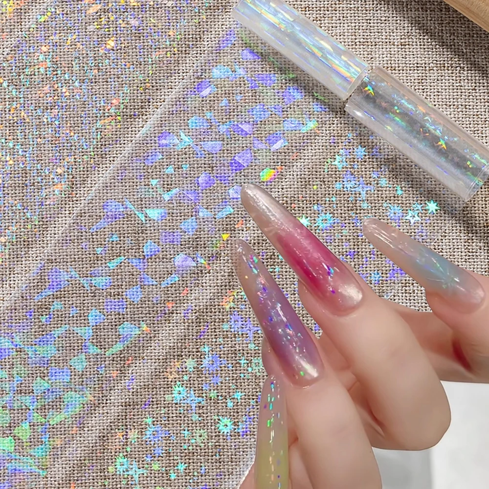 1Boxes/10rolls Aurora Nail Foil Clear Laser Glass Fragment Nail Transfer Stickers Star/Heart/Circle Design Starry Sky Nail Decor