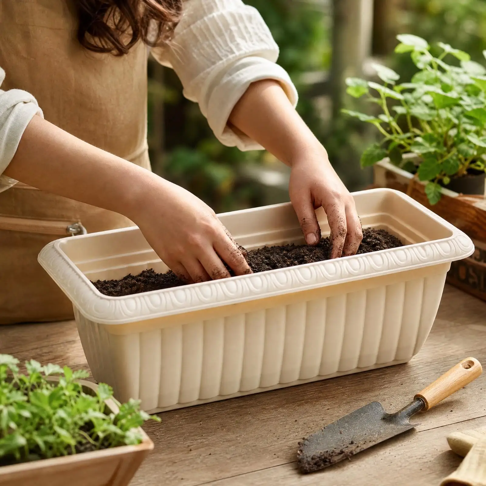 Rectangular Floor Planter with Drainage Insert Leak-Resistant Ribbed Planter with Drainage Holes Self-Draining for Home