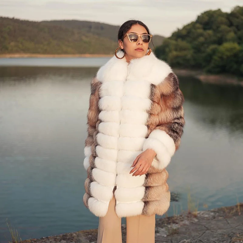 Cappotto di pelliccia di volpe naturale di colore a contrasto donna inverno addensare o-collo capispalla dritto di lusso genuino vera pelliccia di volpe giacca femminile