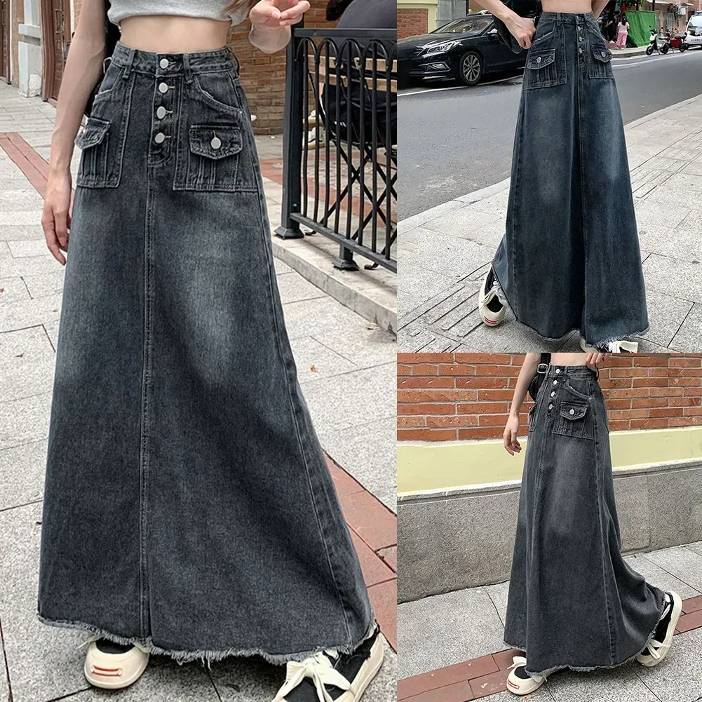 Spódnica długa codzienna na wyjścia, spódnica z wysokim stanem, stylowe spódnice do noszenia na co dzień, jednolity kolor, wzór.