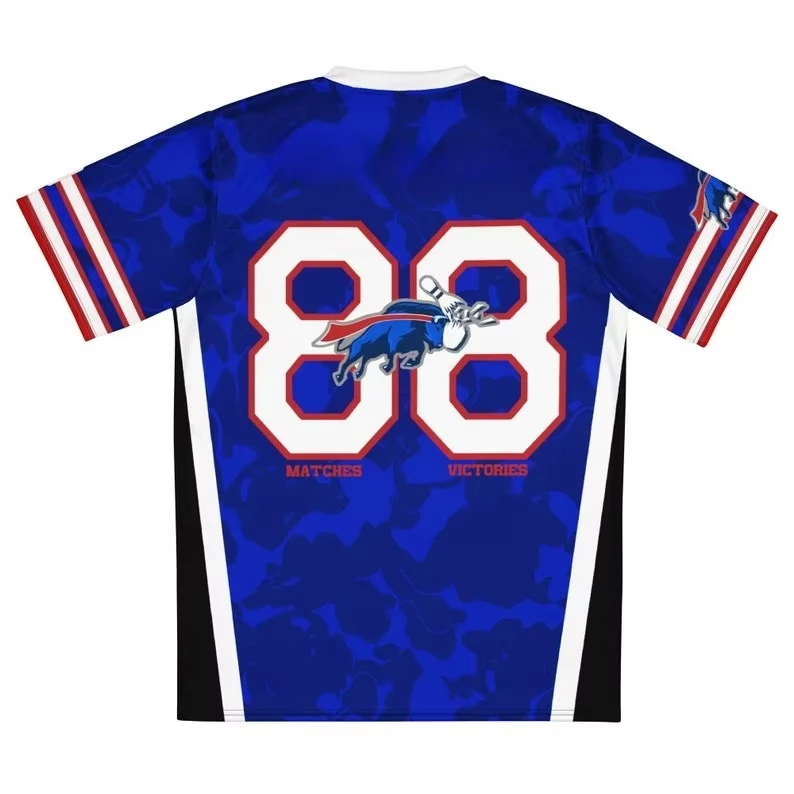 Men Bowling Bills V Neck Bowling Jersey The Buffalo Mascot Logo Number 88 Front Back Full Print Breathable Quick Dry Sports Tee