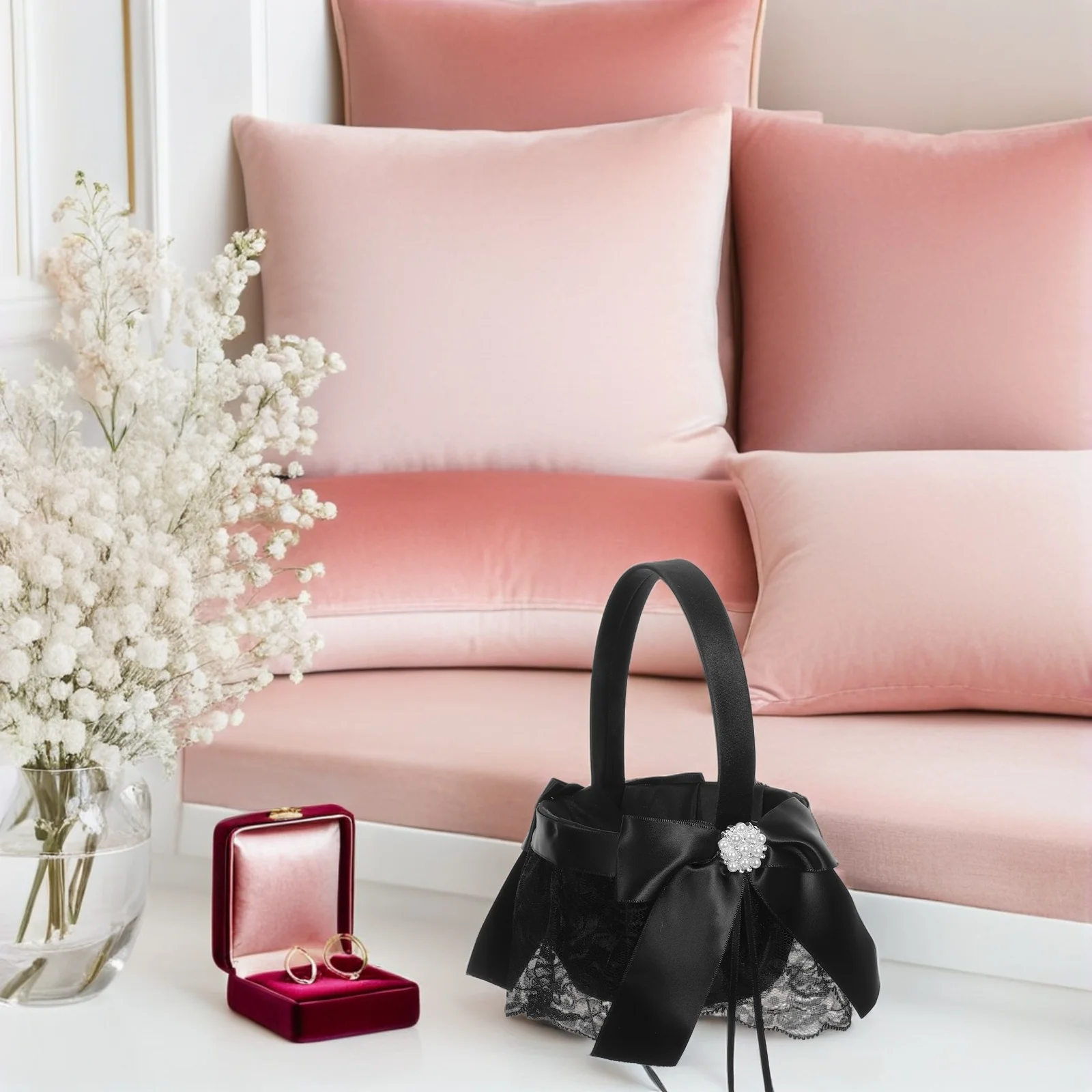 

Black Flower Girl Basket Handwoven Fabric Handle Lightweight Romantic Floral Petal Holder Wedding Ceremony Use