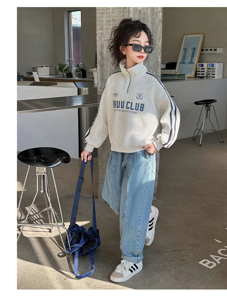 Neues Herbst-Kinder-Y2K-Rollkragen-Sweatshirt mit halbem Reißverschluss für Mädchen, lässiges Streetwear-Outfit, Kinder-Teenager-Modekleidung – Detail 4
