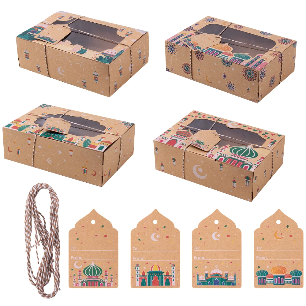4/8 stücke Ramadan Mubarak Kraft Papier Geschenk Boxen mit Fenster Süßigkeiten Verpackung box Ramadan Kareem Cookies Box Eid Mubarak Dekoration