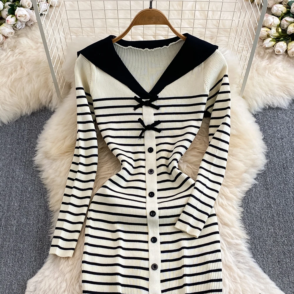 Sweet Navy Collar Striped Knitted Dress Long Sleeved Slim Fit Stretch Wrap Hip Dress Spring Female Split Mid Length Dress