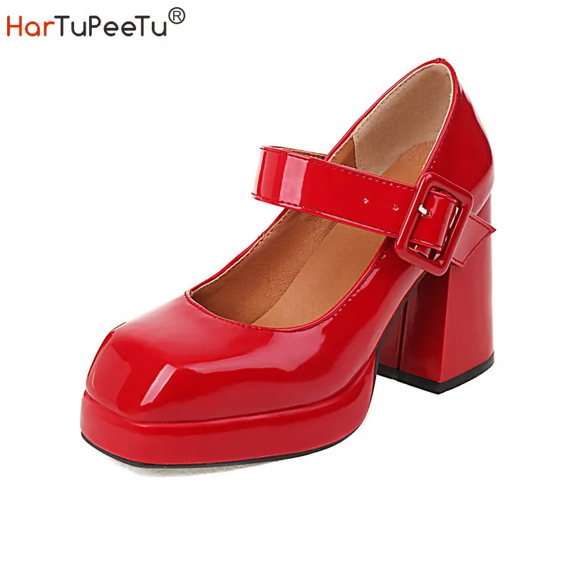 

Plus Size 34~48 Men Platform Shoes Spring 2022 Glossy Patent Leather Square Toe Sweet Buckle Chunky Heels Women Mary Janes Pumps