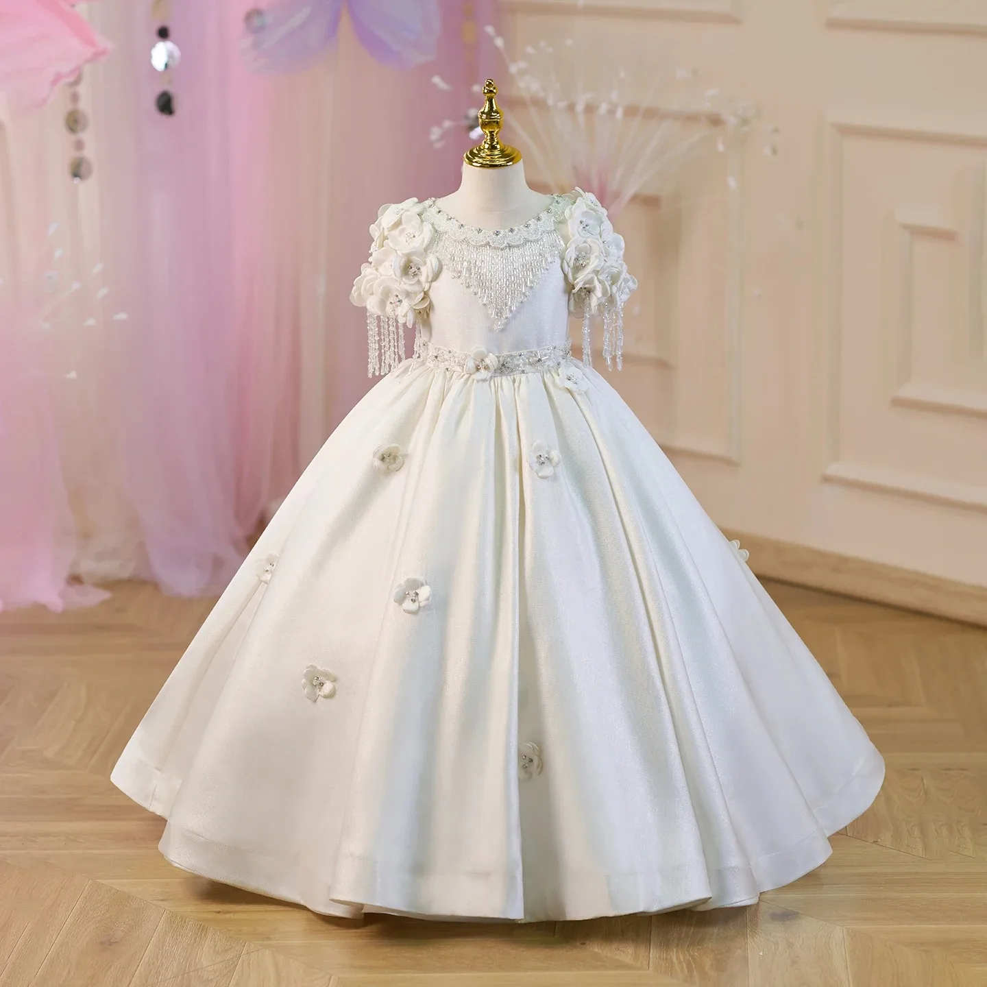 ホワイトフラワーガールドレス結婚式用花アップリケビーズフロアレングス女の子子供の誕生日パーティー初聖体拝領ドレス