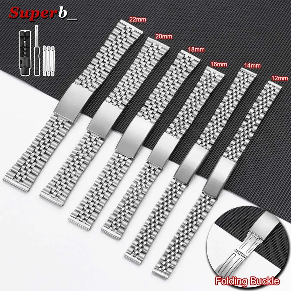 Faltbarer Verschluss Edelstahl-Uhrenarmband 12mm 14mm 16mm 18mm 20mm 22mm Ersatz-Uhrenarmband für Herren Metall-Armbanduhrband