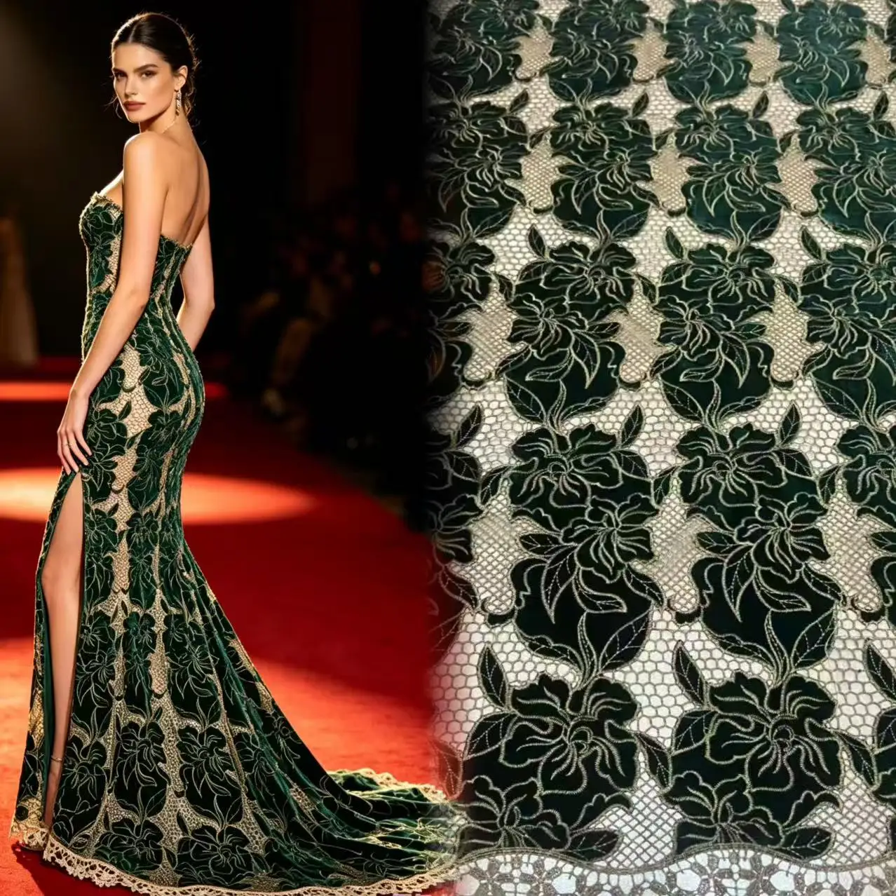 New Circle Green Velvet Lace Black Laser Cutting Embroidered Milk Silk Fabric For Women Wedding Dress Clothing Decration XR6123