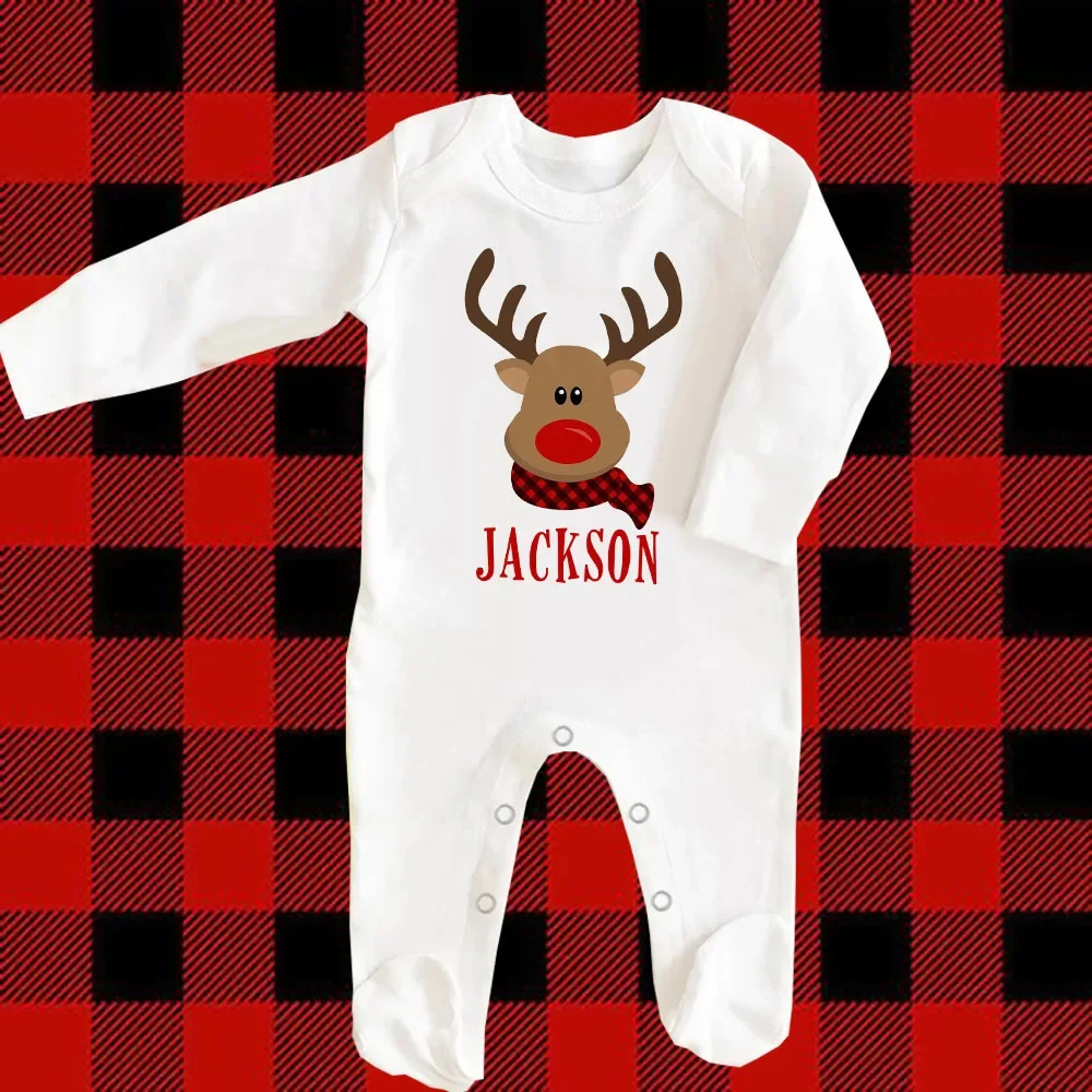 Personalised Deer with Name Baby Babygrow Bodysuit Infant Christmas Sleepsuit Boys Girls Xmas Jumpsuit Newborn Holiday Outfits