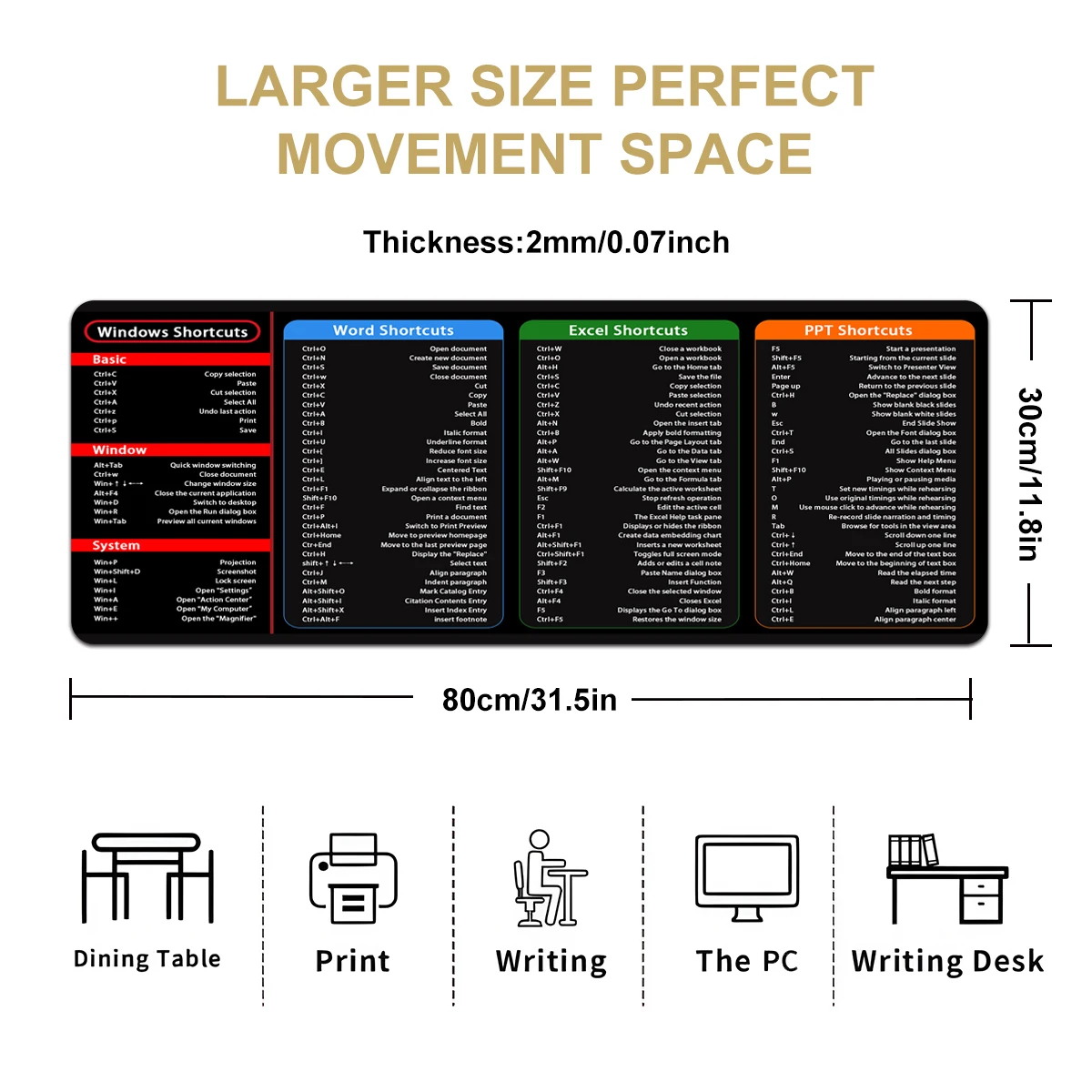 1pc Excel Shortcuts Pattern Mouse Pad Multi-size Washable Non-Slip Stitched Edge Computer Keyboard Desk Mat For Office Home