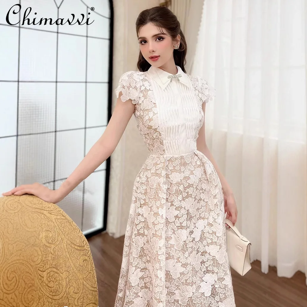 French Elegant Commuter Polo Collar Short Sleeve Diamond Bow 3D Lace Hollow Flower High Waist A-line Long Evening Dresses Women