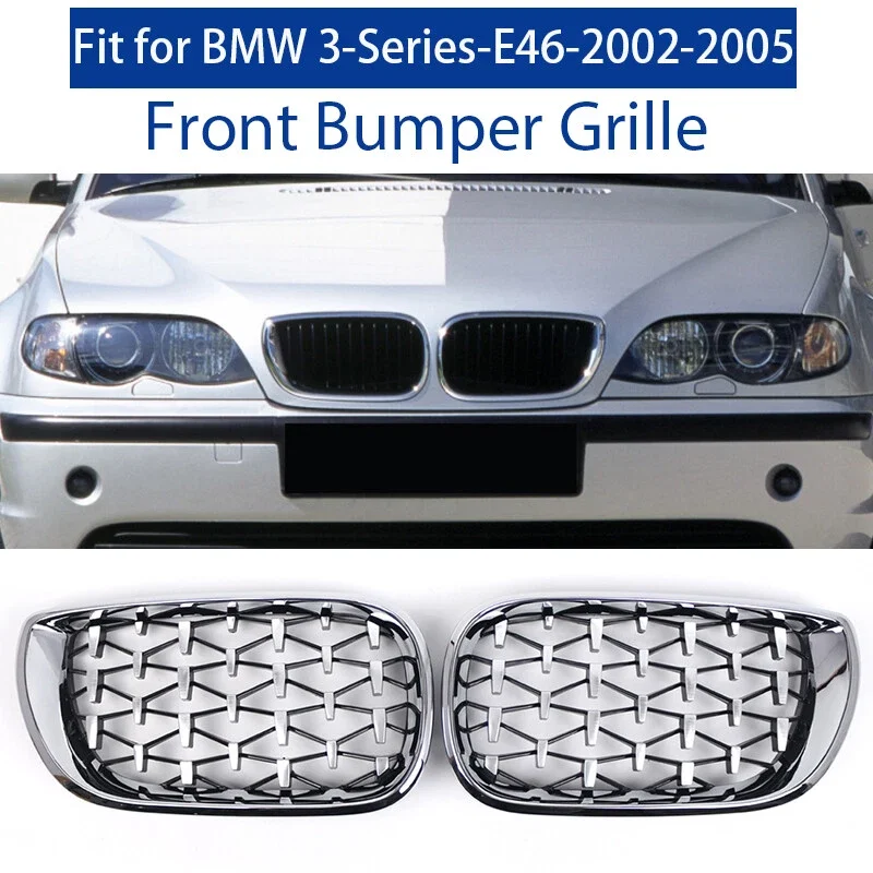 

Передний бампер автомобиля, капот, алмазная решетка для почек, хром, серебристый цвет для BMW E46, 4 двери, туристический салон 2002 2003 2004 2005