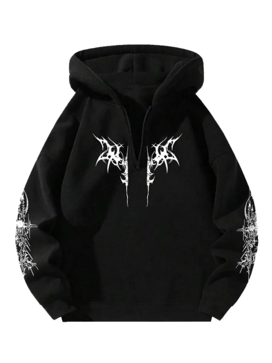 

Gothic Men's Black Wing Print Hoodie Y2K Harajuku Style Halloween Half Zipper Hoodie Sweatshirt