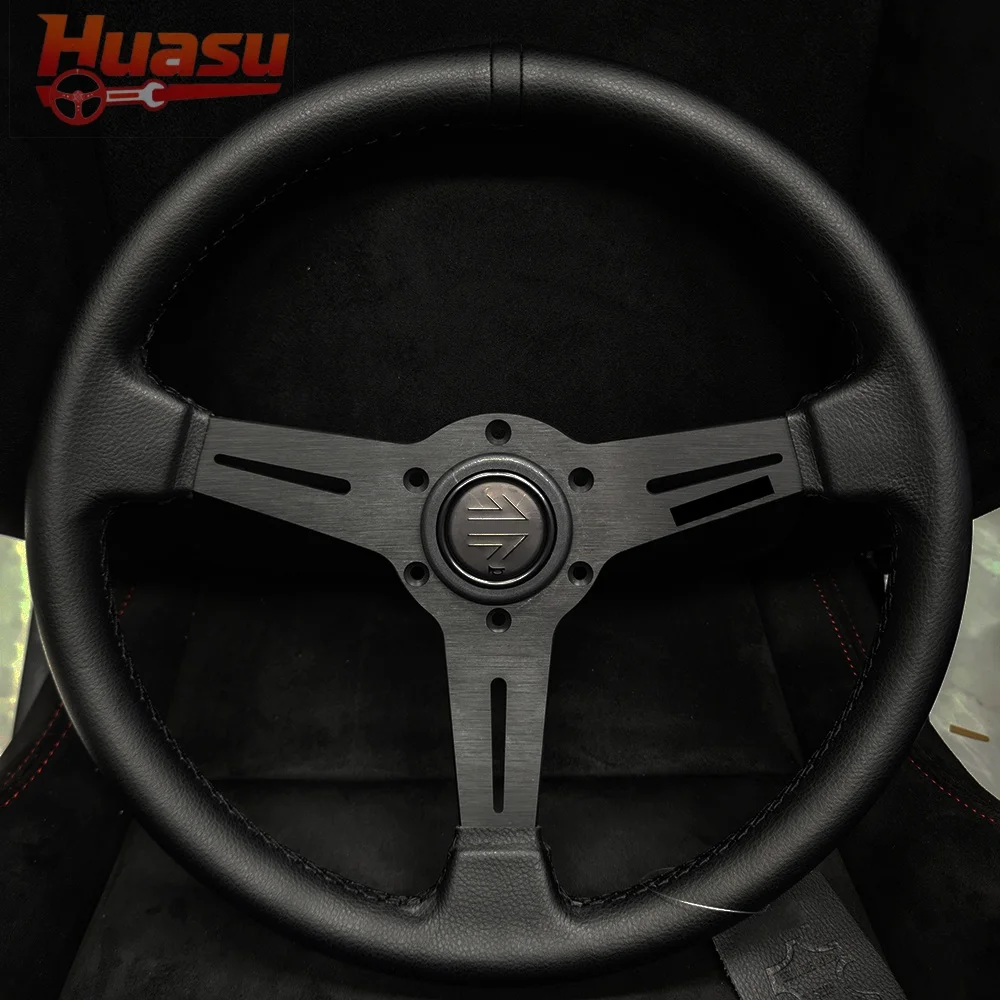 Racing Steering Wheel 14inch 340mm Real Leather Flat JDM Car Modified Universal