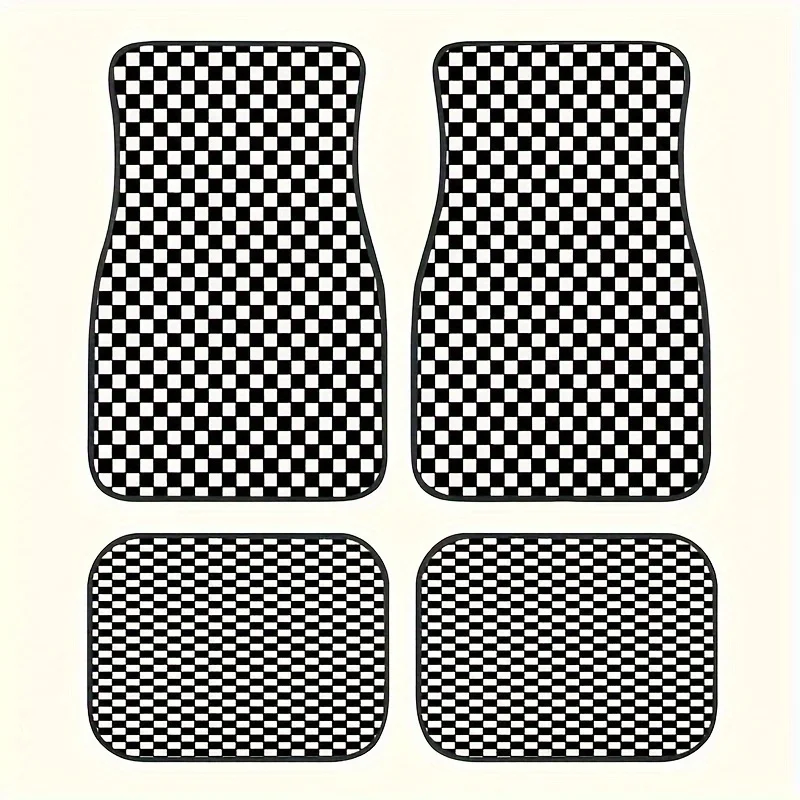 

Four High-Quality Black And Checkered Car Floor Mats - Universal Fit, Made Of Durable Polyester Material, Easy To Clean, And Pro
