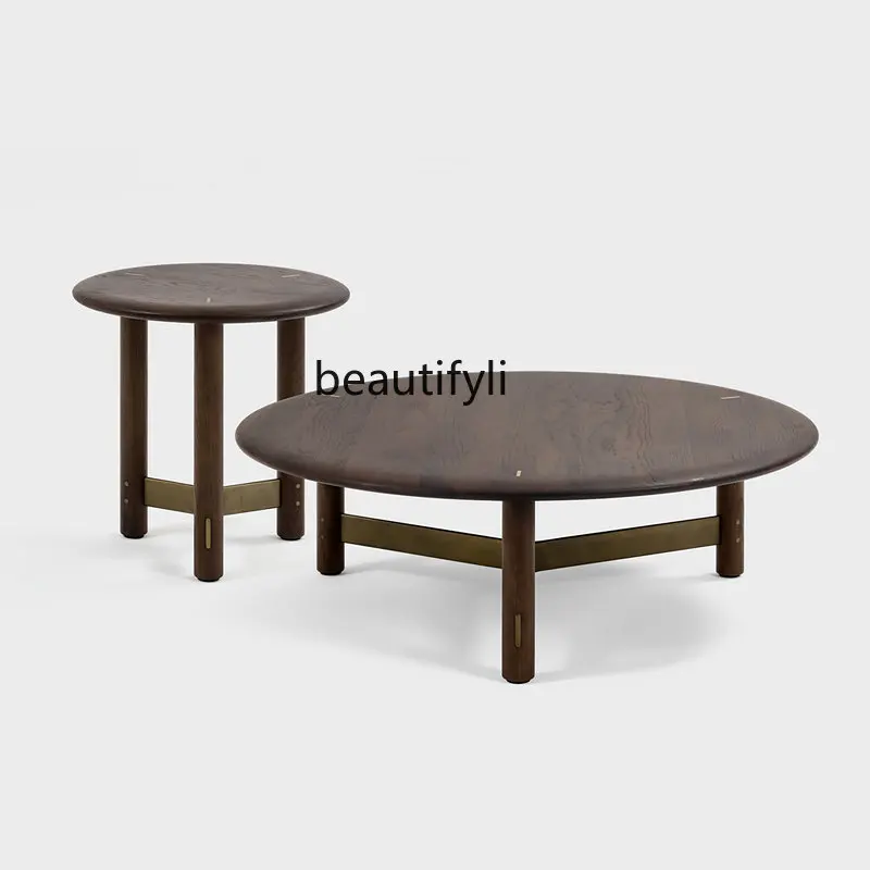 

yj Nordic Coffee Table/Jingji Industrial Solid Wood round Combination Side Table Smoky Color