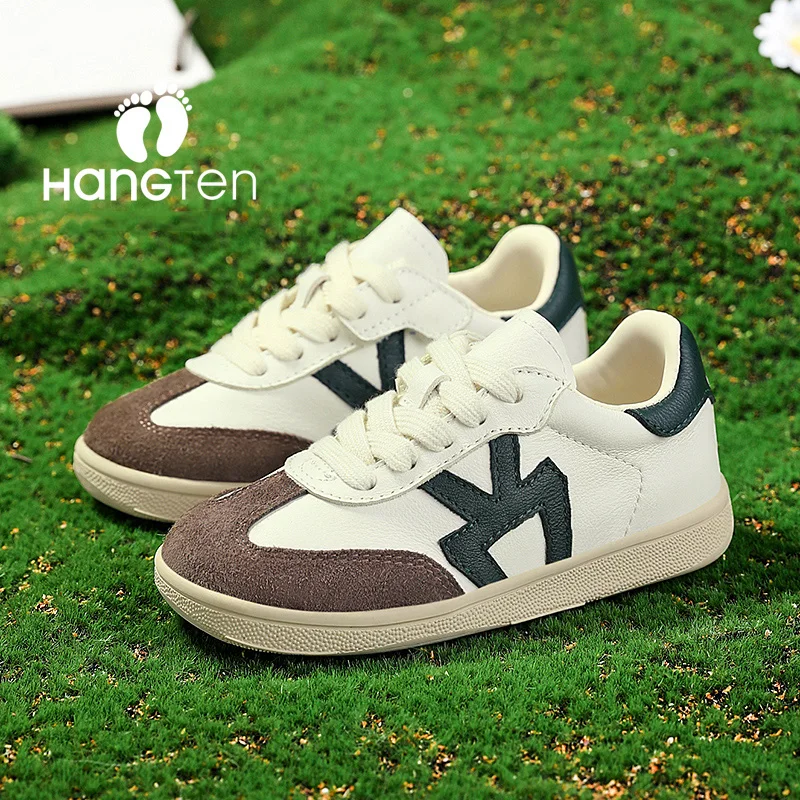 

HanGTen 용수철 테니스 스니커즈, 남아 여아 레이스업 스포츠 신발, 캐주얼 보드 신발, 가죽 미끄럼 방지 어린이 신발, 신제품