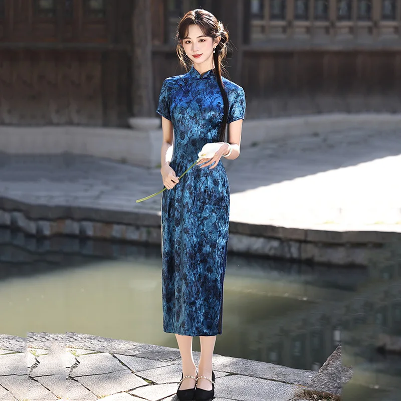 

Весенне-летнее бархатное платье-ципао в китайском стиле, улучшенное по крому, с коротким рукавом, элегантное, в стиле старого Шанхая