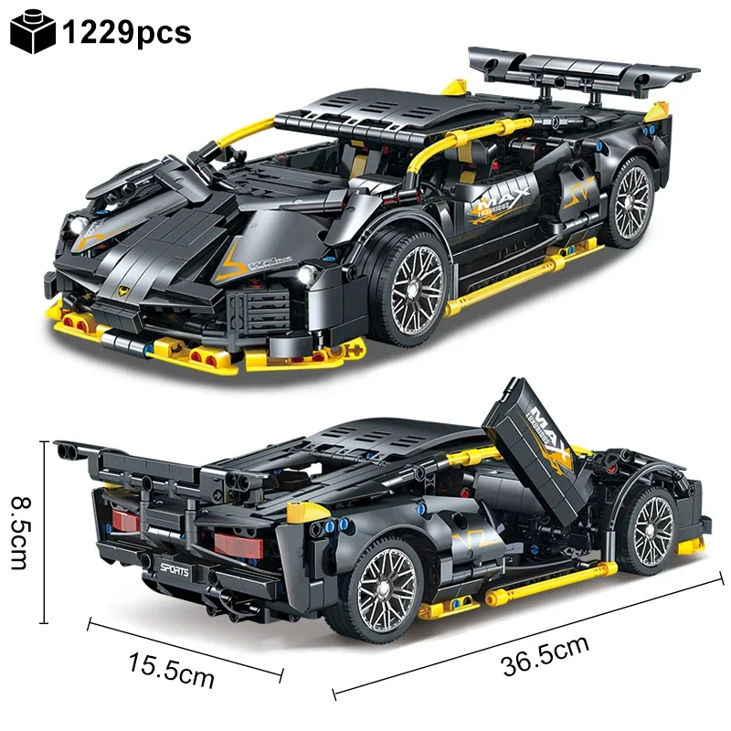 1229 قطعة نموذج لغز كتلة السيارة الخارقة التقنية عالي التقنية باللونين الأسود والأصفر نموذج مكعبات بناء السيارة هدايا عيد الميلاد #1