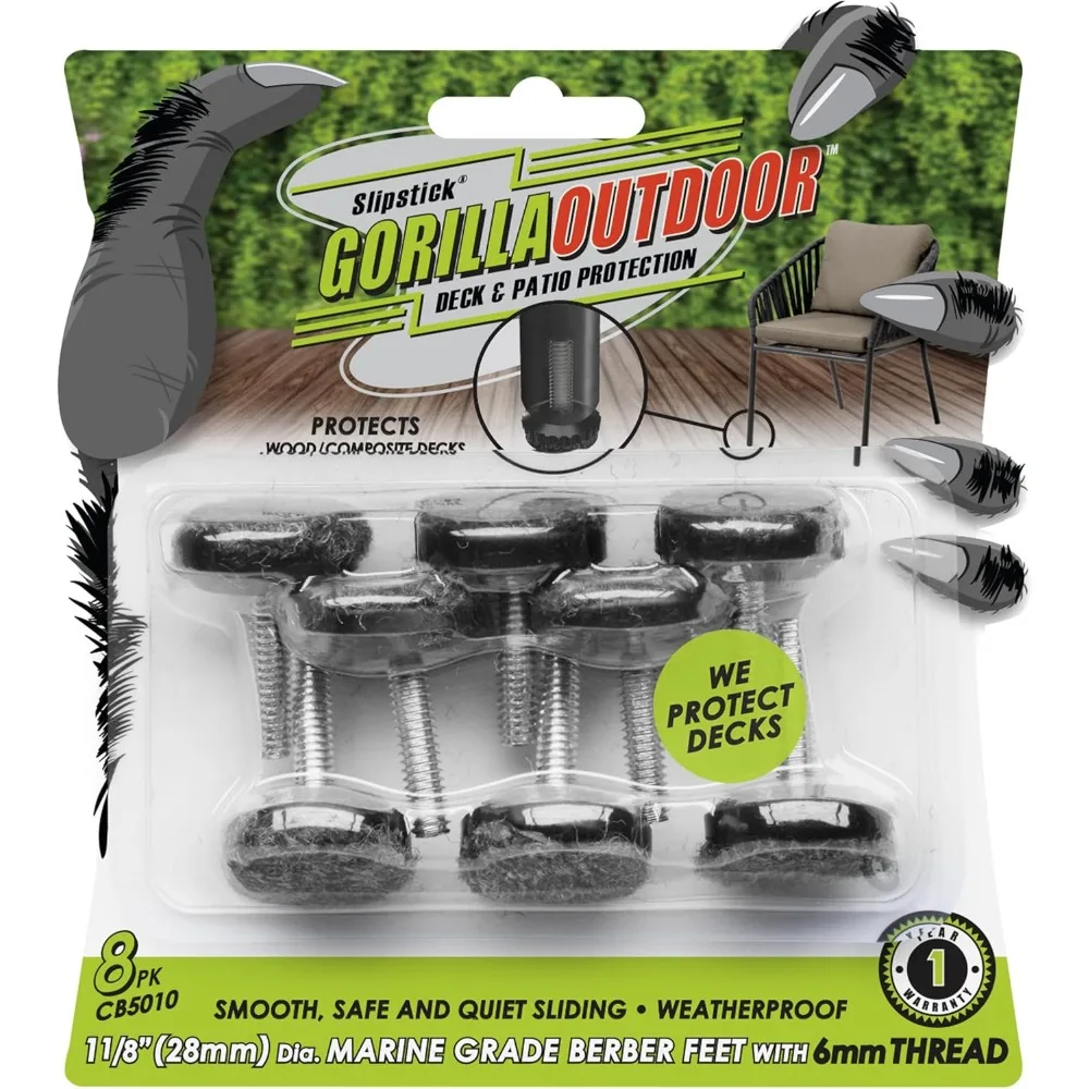 

Slipstick Gorilla Outdoor Adjustable Furniture Levelers (8 Pack) Weatherproof Screw in Leg Glides for Chairs, Tables, and Outdoo