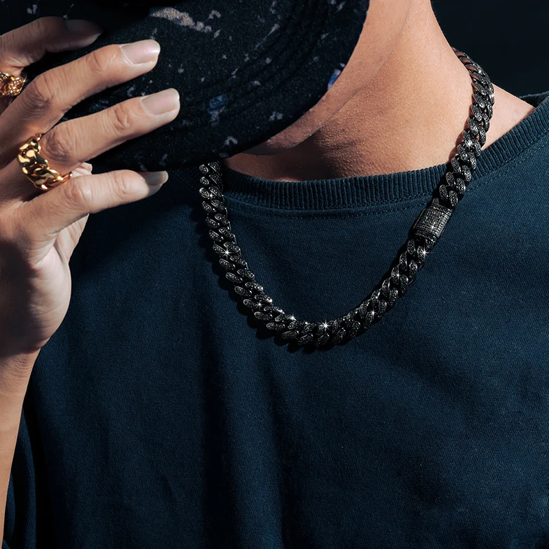 Fresh Item 12mm Black VVS Moissanite Iced Out Cuban Link Chain Hip Hop Fine Jewelry 925 Sterling Silver Diamond Cuban Necklace..