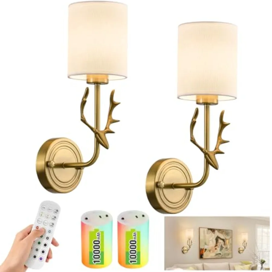 

Cordless Wall Sconces Set of 2, 10000mAh Rechargeable RGB LED Lamps, Retro Antler Design, Remote and Timing, Dimmable Gold Nigh