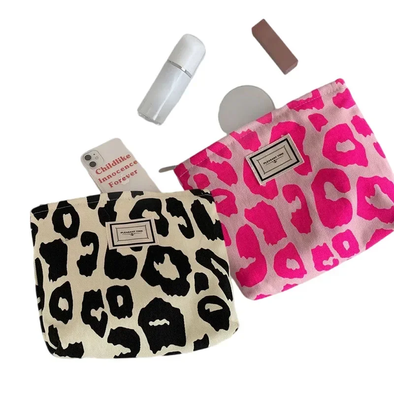 Large Women Pink Beige Leopard Cosmetic Bag Canvas Female Girl Zipper Make Up Bag Travel Washing Makeup Organizer Beauty Case