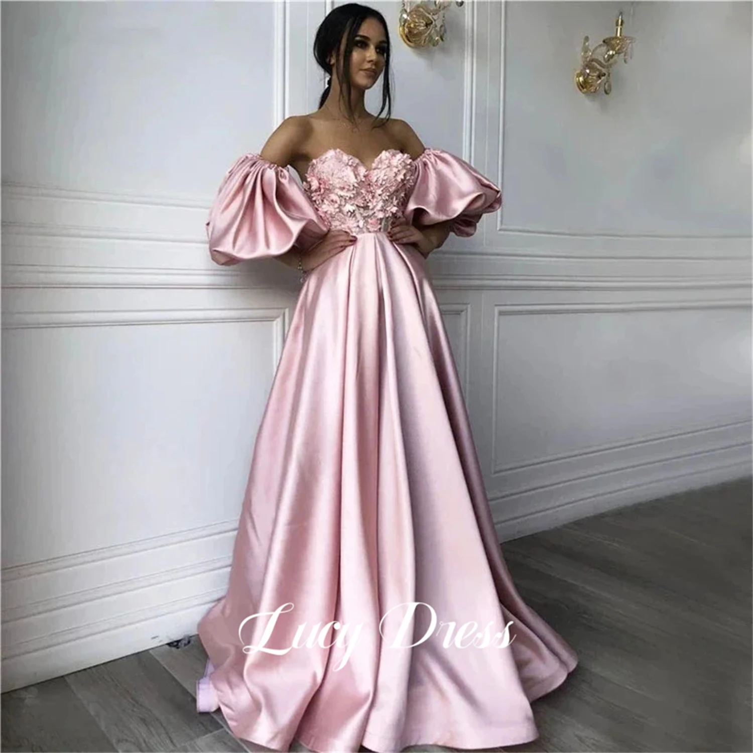 

Lucy 3D Flowers Ball Gown Satin Line A Pink Party Dress Evening Dresses Woman Elegant Womens Saudi Prom Women 2024 Gala Midi