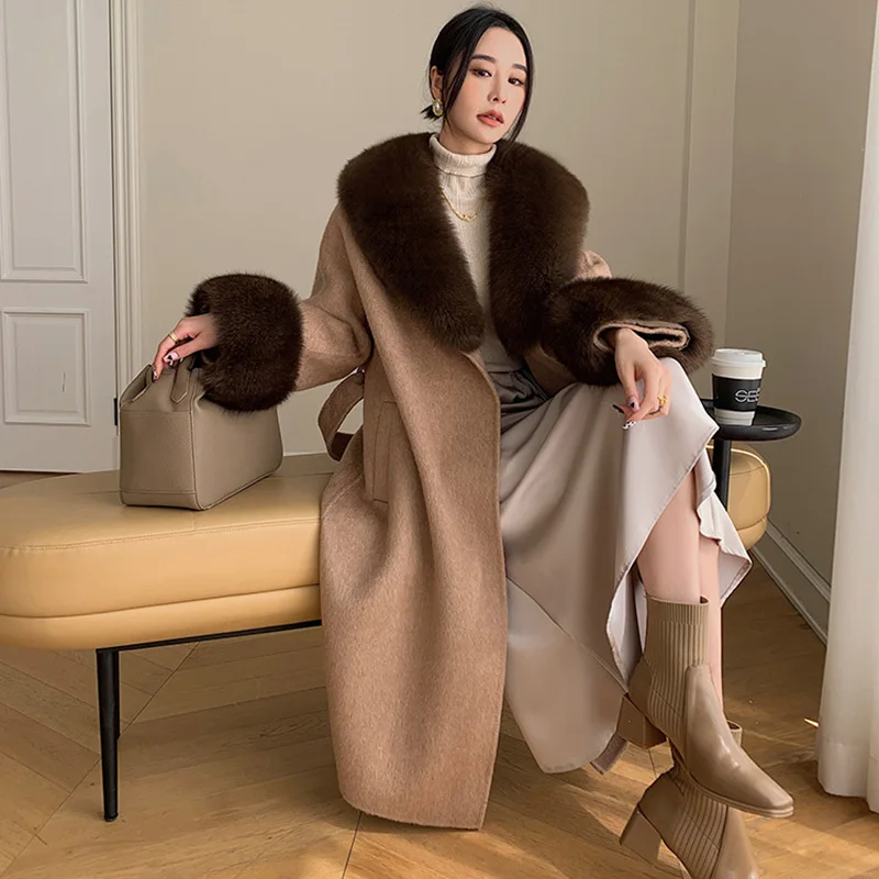 2024 Lady Elegant Autumn Winter Wool Coats New Cashmere Trench Coats Women Fox Fur Collar Long Coat