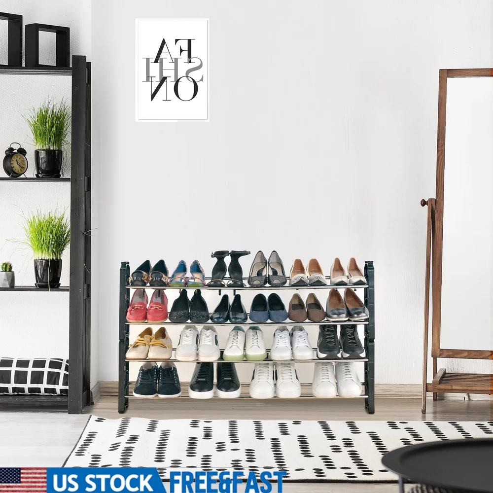 

Expandable Adjustable Shoe Rack Organizer Stackable Storage Shelves 4-Tier Metal Plastic Closet Entryway Living Room