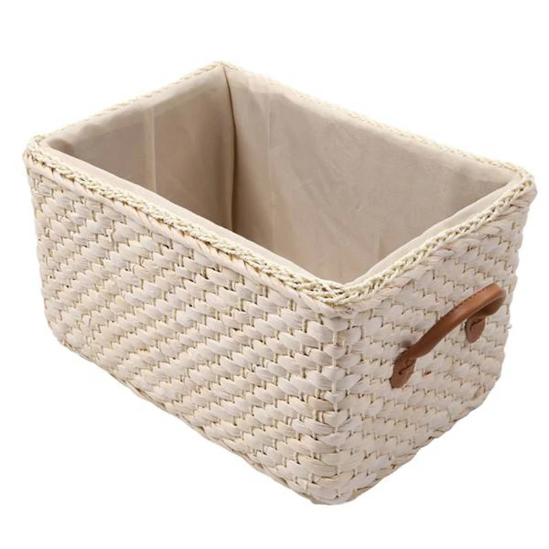 AT13 Manual Woven Storage Basket Handmade Laundry Wicker Baskets Sundries Organizer Clothes Toys Container Decoration -White