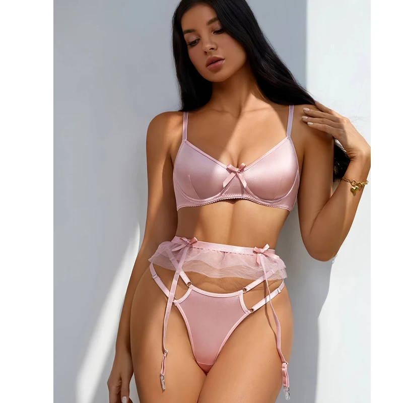 Conjunto de lingerie francesa em promoção para meninas, com laço requintado, respirável, calças e sutiã confortáveis e oversized para mulheres.