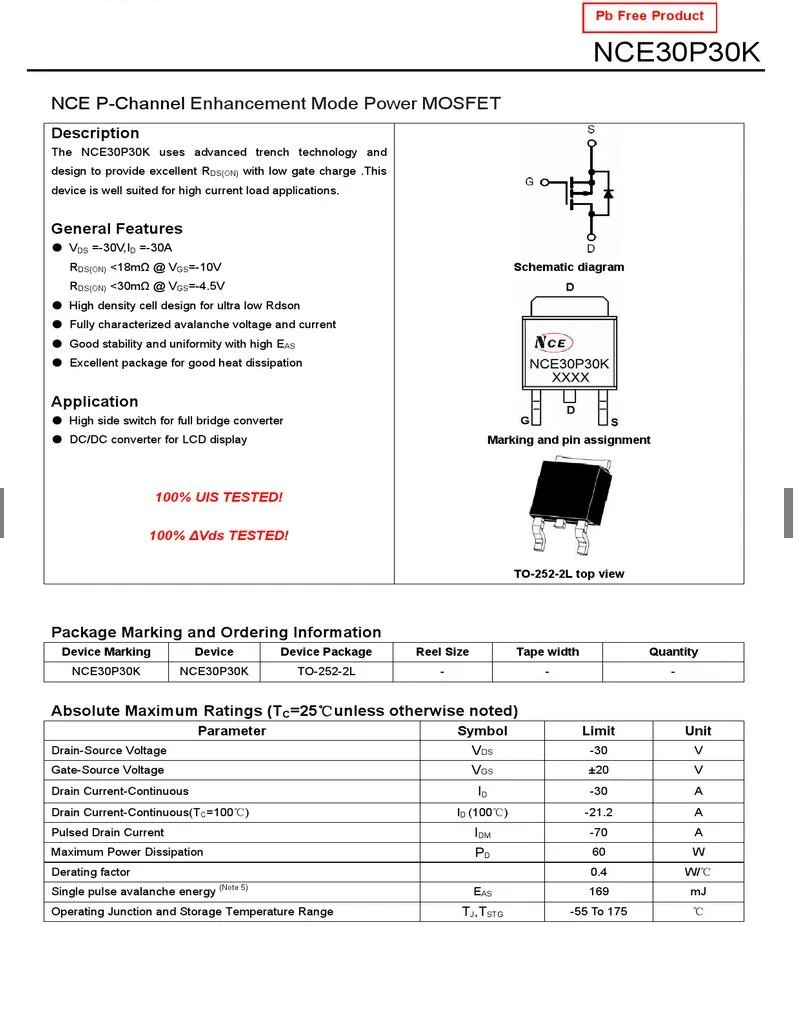 Free Shipping 10PCS  NCE30P30K TO-252-2 DPAK MOS NCE P-Channel Enhancement Mode Power MOSFET 30V 30A