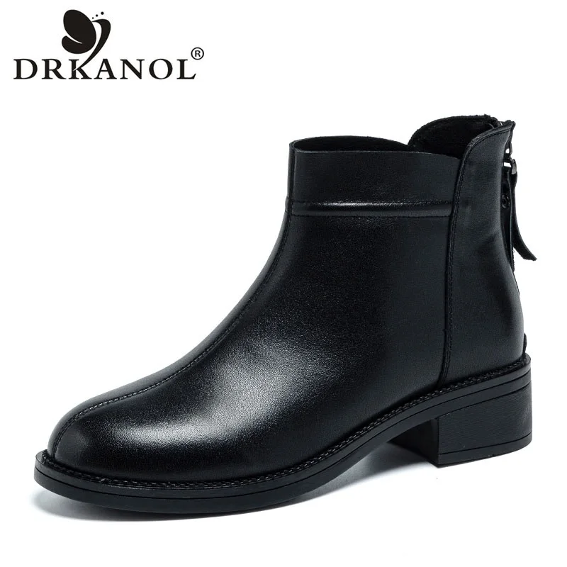 DRKANOL Fashion Women Winter Thick Heel Warm Boots Black Real Cowhide Round Toe Back Zipper Plush Casual Ankle Boots Lady H9652