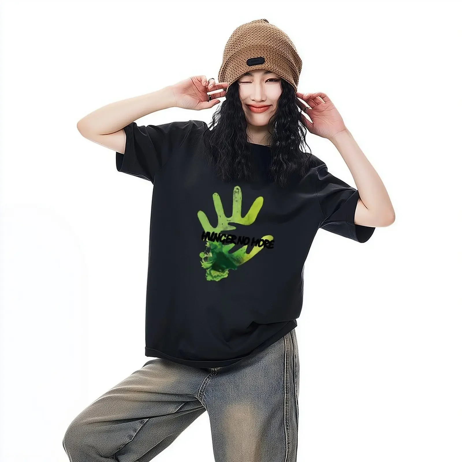 

Woman Clothing Short Sleeve T-shirt Korean Tops Female O-Neck Casual Tee T Shirts With Palm Print Sport 2025 Y2K Summer