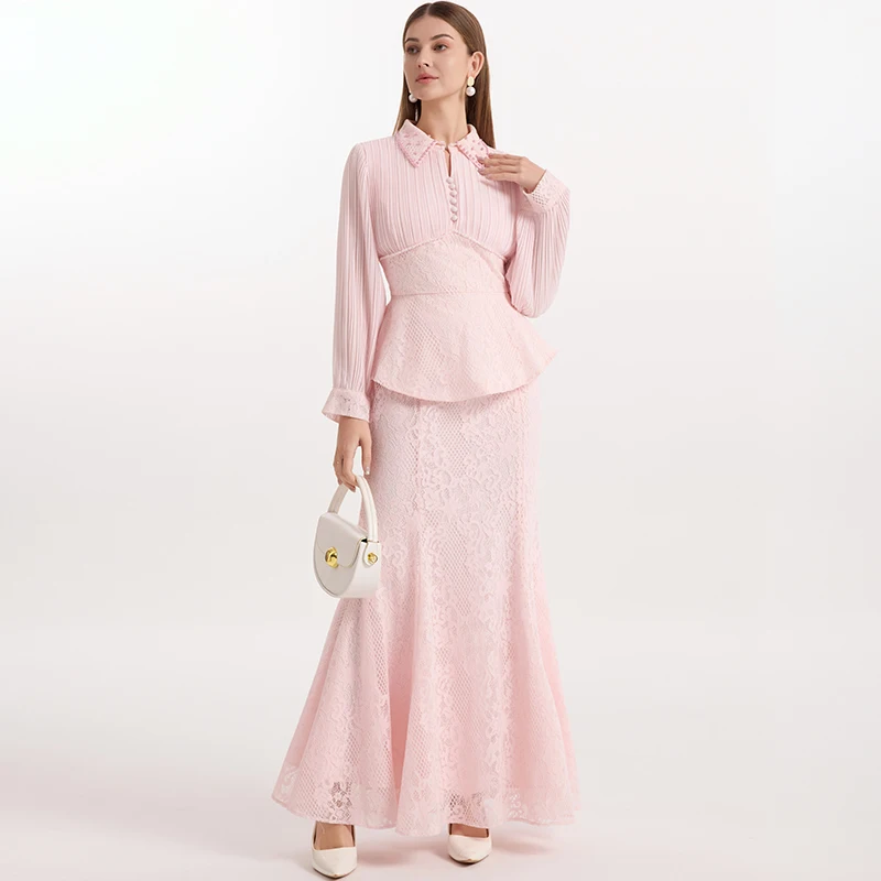 Fashionable Sweet Fish Tail Long Dress Two Piece Set Heavy Chiffon Splicing Lace Beading Elegant Style for Women 25-35 Years Old