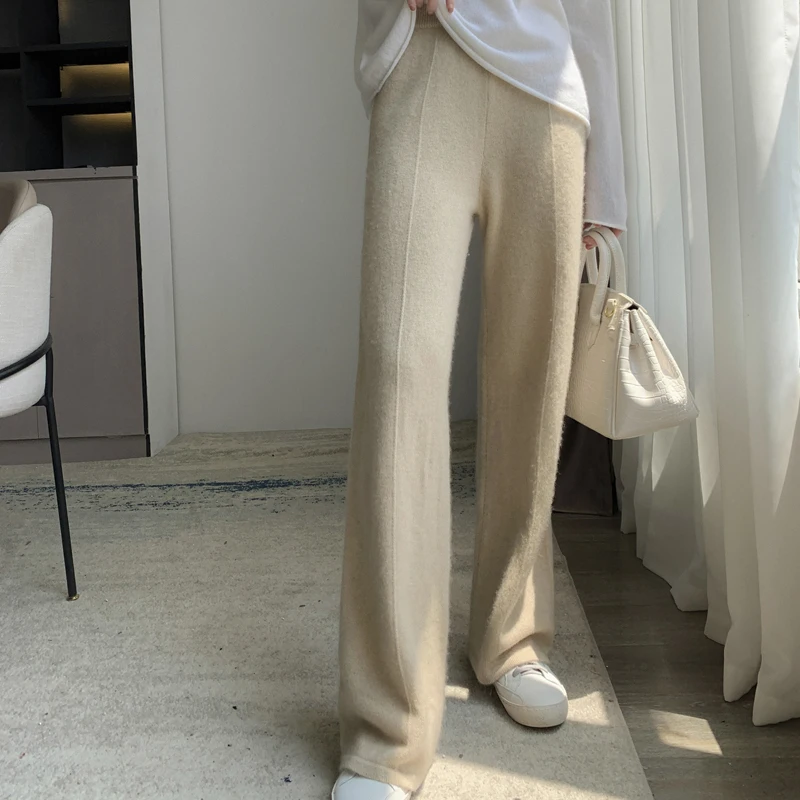 

New Autumn and Winter Women 100% Cashmere Pants Soft Comfortable High-Waist Knit Trousers Female Loose Thicken Wide Leg Pants