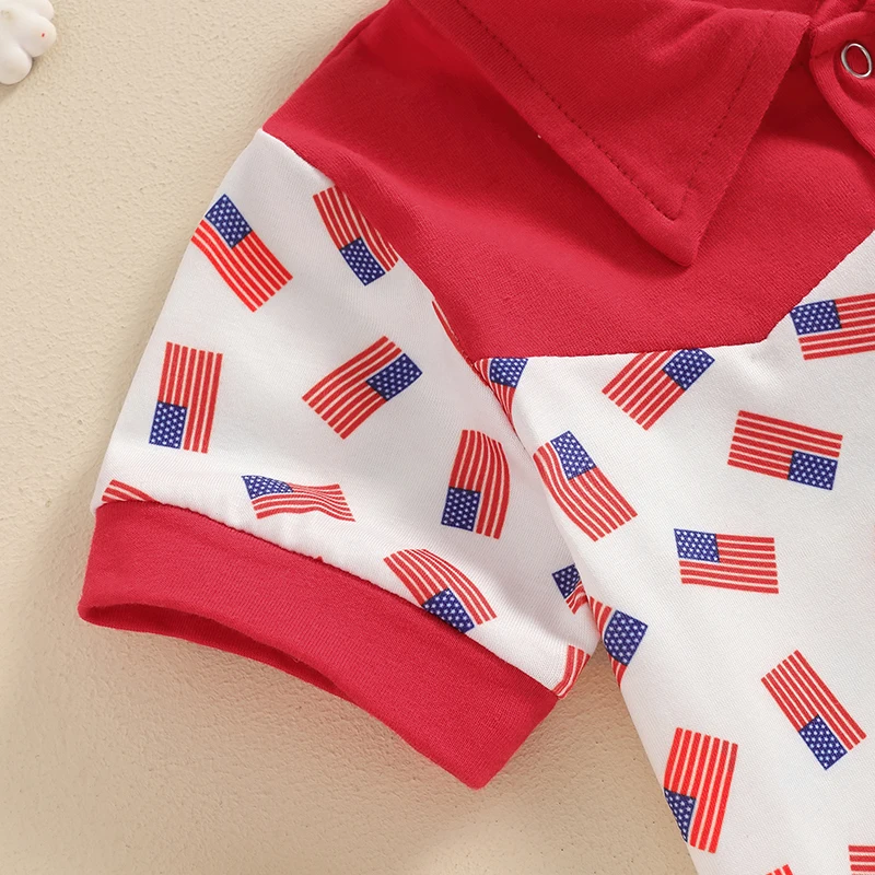 Boys Patriotic Outfit Short Sleeve American Flag Print Shirt with Elastic Waist Shorts Set for Independence Day