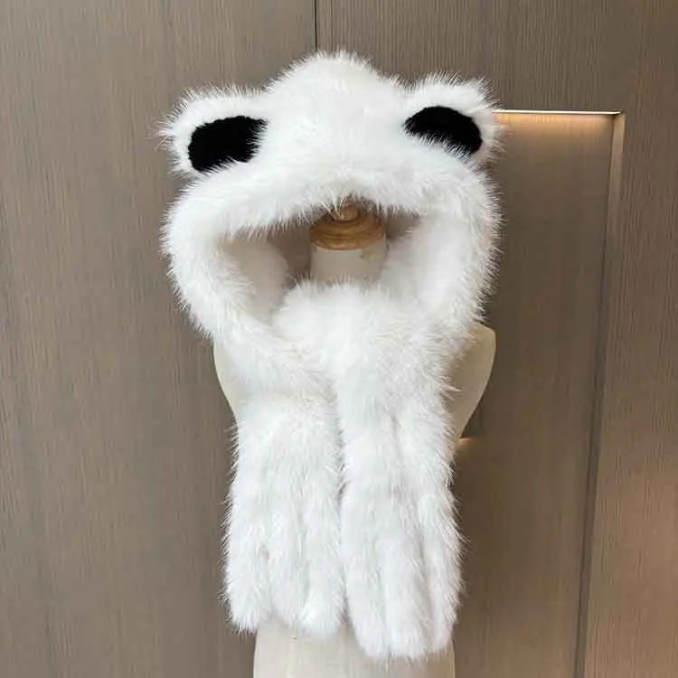 Cute Bear Ears Plush Hat Faux Fox Fur Hat Scarf All-in-one Plush Cap Winter Warm Fashion Women's Fur Hat Outdoor Warm Bib Hooded