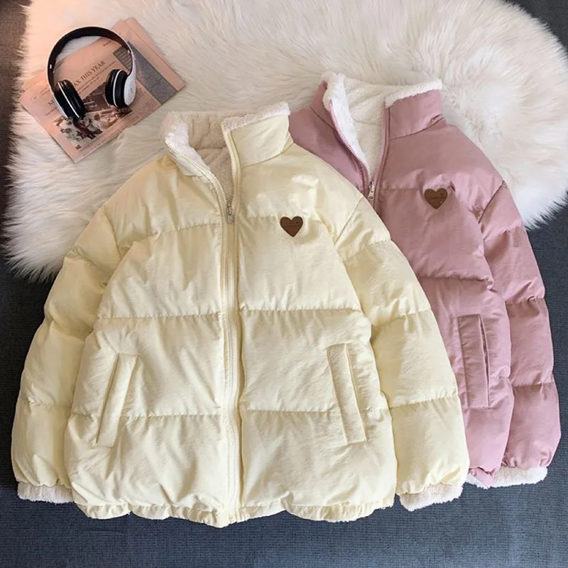 

Cute Embroidery Coat Women Winter Korean Fashion Thick Loose Warm Hairy Jacket Double Sided Design Pink Student Clothes Cotton