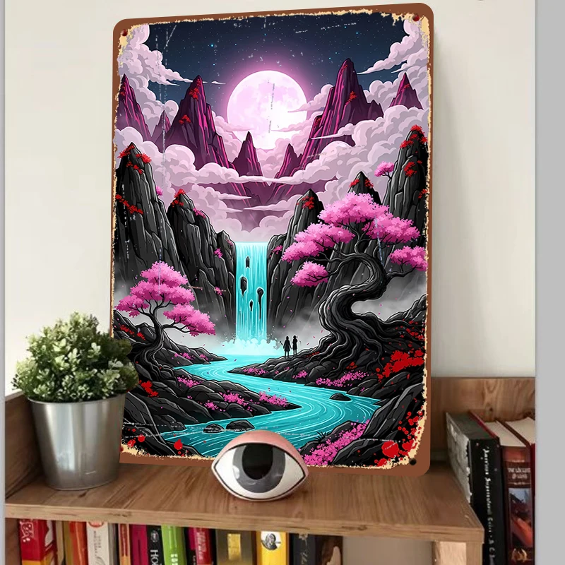 Moonlit Pink Cherry Blossom Waterfall Mountain Landscape Metal Iron Wall Art Home Decor Painting
