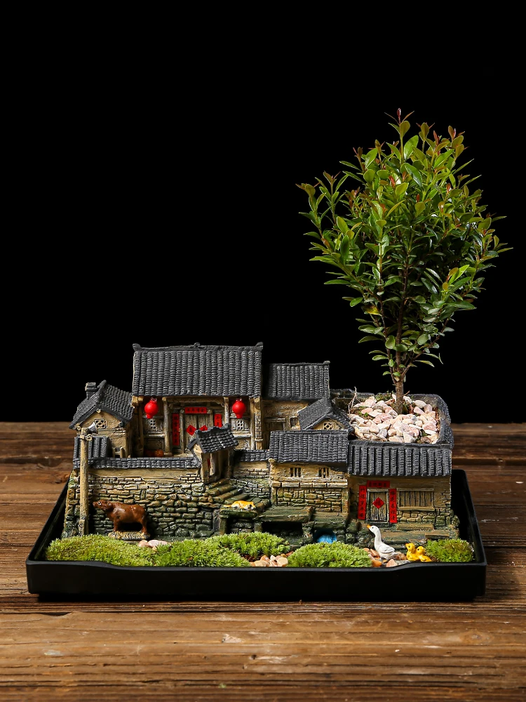 

Flower Pot Resin Material Chinese Retro Living Room Pastoral Courtyard Micro Landscape Indoor Bonsai Balcony Garden Decorative