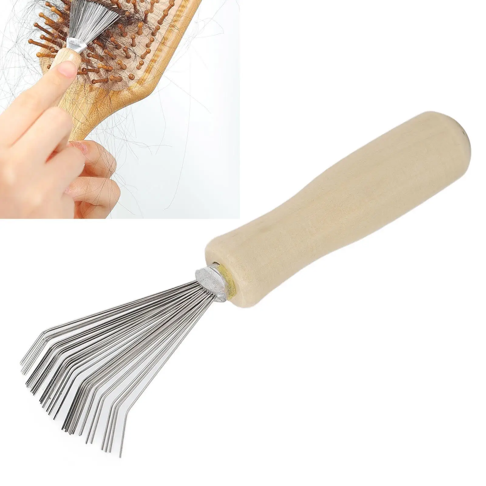 Pente de limpeza de cabelo, ferramenta com cabo de madeira, limpador de escova, formato de leque denso, remoção rápida de sujeira para uso doméstico