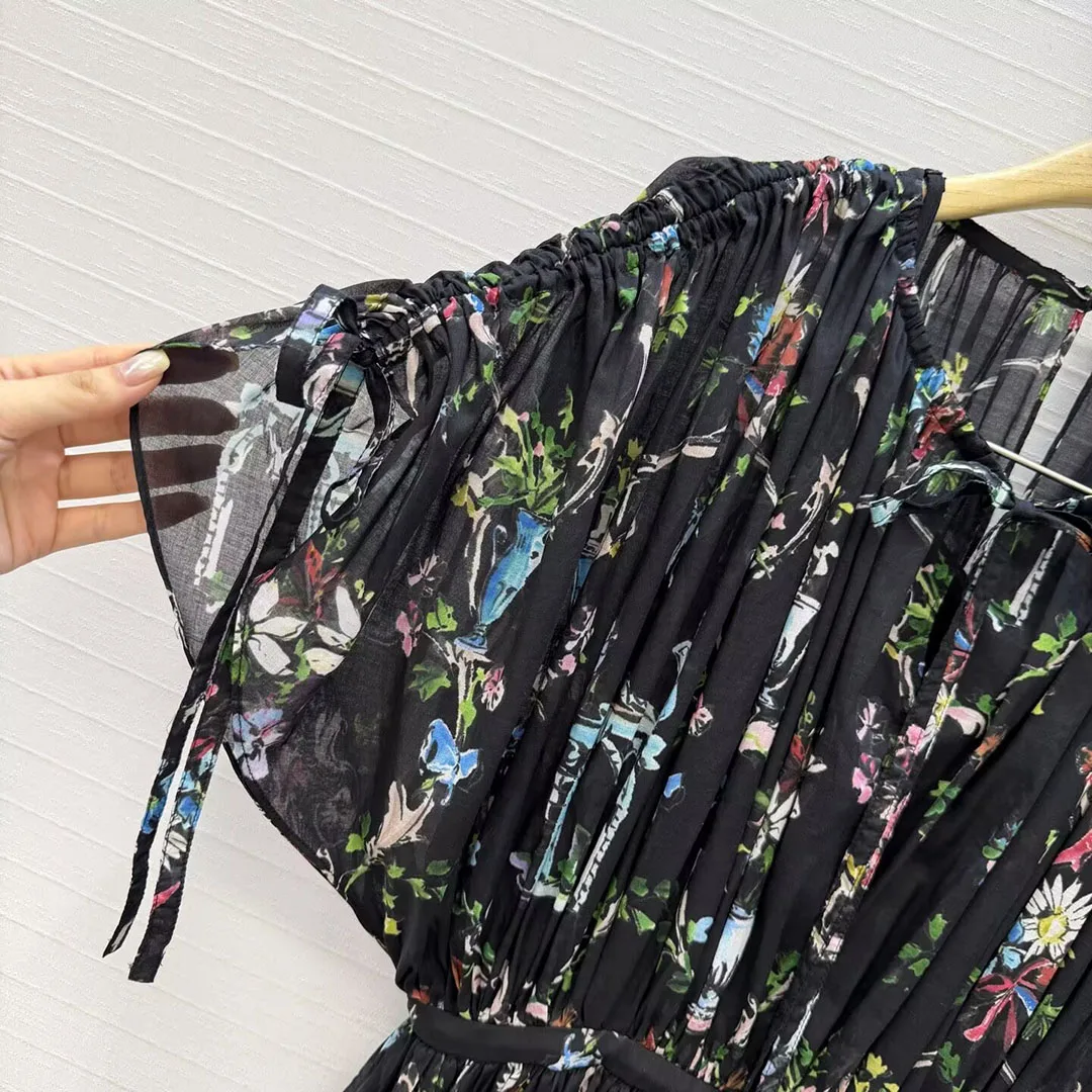 2026 New Summer Elegant Fashion Floral Print Long Dress Women O-neck Drawstring Tied Short Sleeve High Waist Sweet Dresses