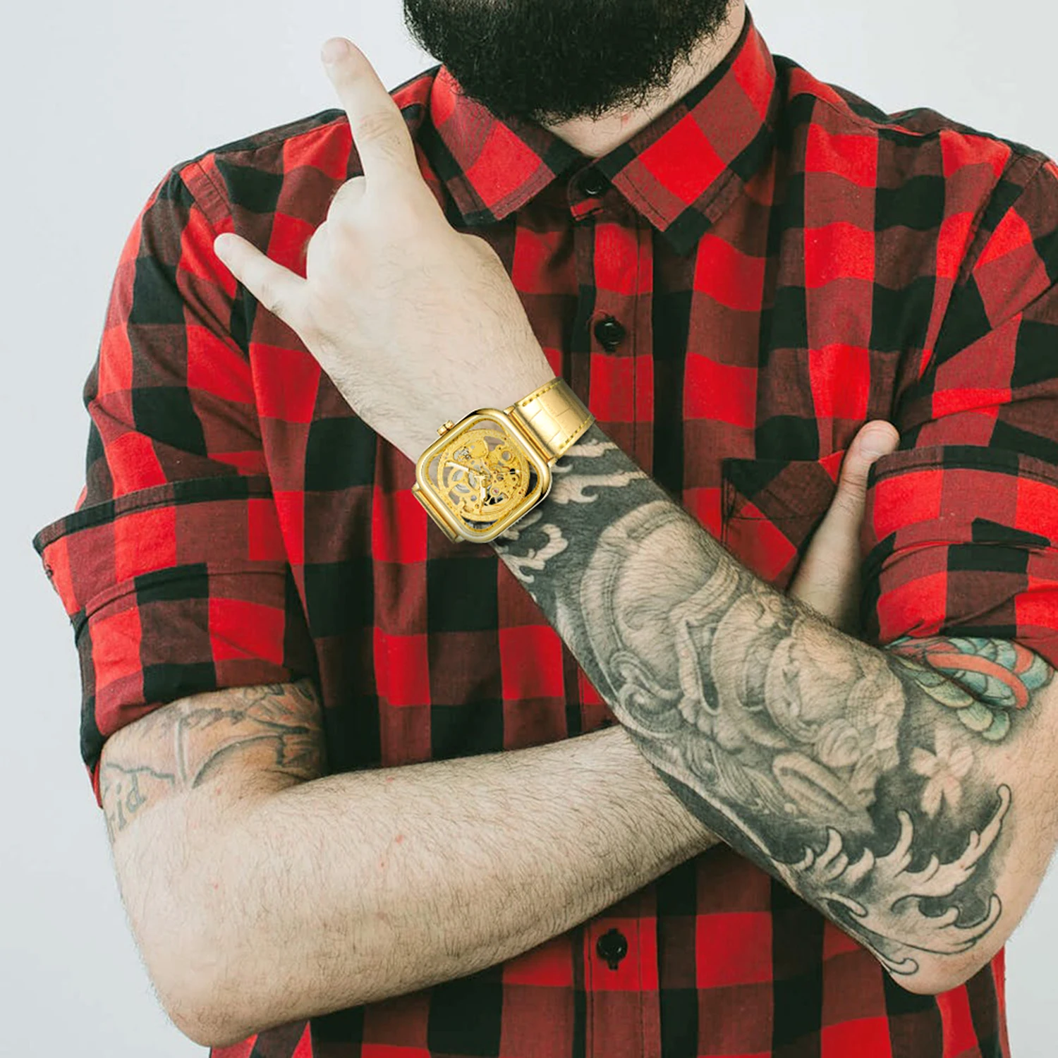 FORSINING Engraved Square Case Men's Watches Automatic Skeleton Mechanical Luminous Hands Carving Genuine Leather Band Man Clock