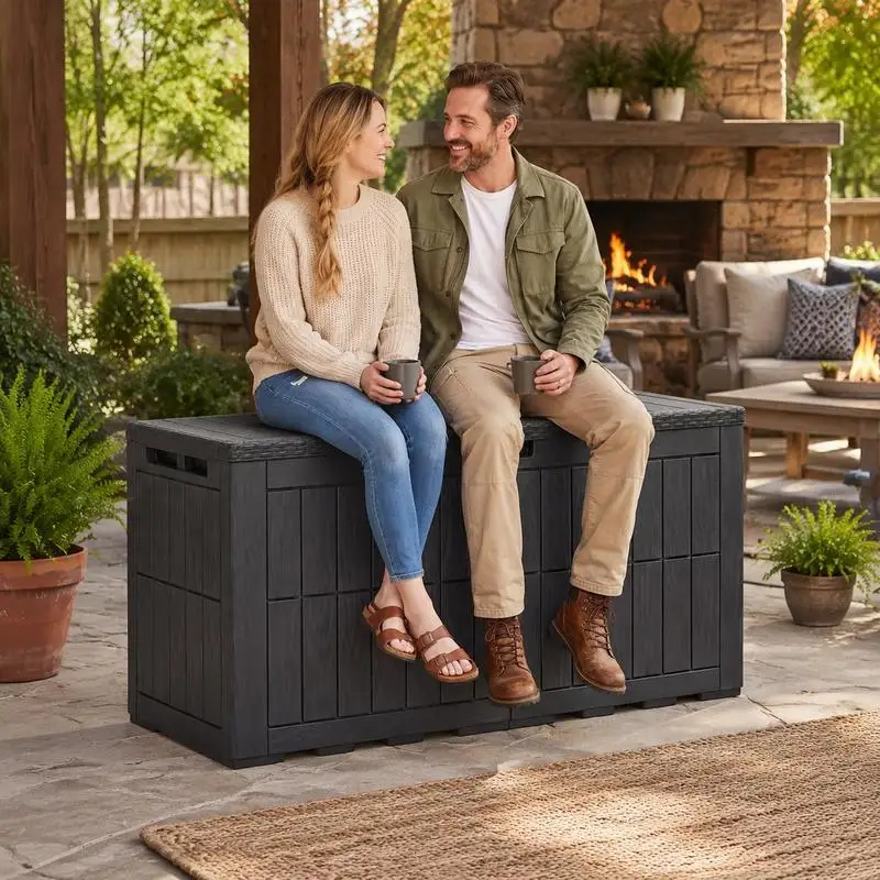 Boîte de rangement résistante aux intempéries 380L, boîte de rangement extérieure avec couvercle verrouillable, brun foncé