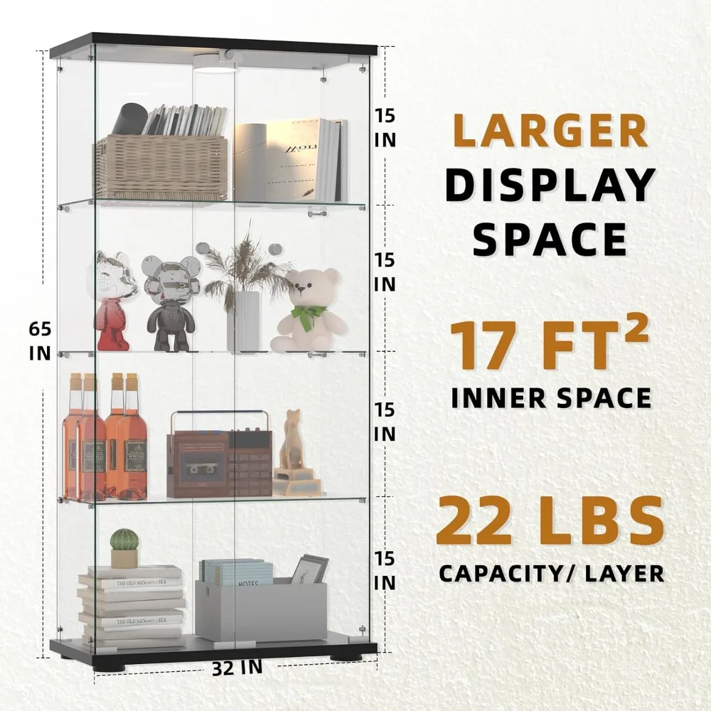 Glass Display Cabinet,4-Shelf 2 Doors,with LED Push Light Lockable,with 4mm Tempered Glass ,Glass Bookshelf