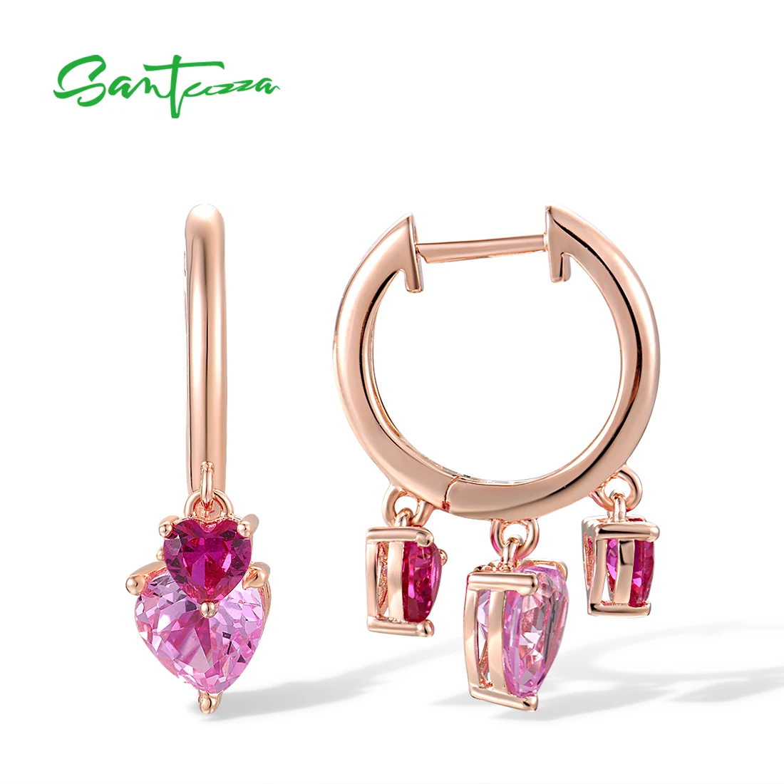 SANTUZZA Geniune 925 Sterling Silver Drop Earrings For Women Created Ruby Pink Heart Stone Hoop Sweet Party Gifts Fine Jewelry