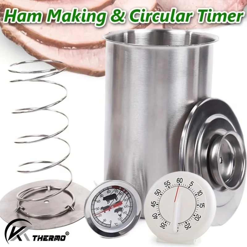 1-Piece Stainless Steel Ham Maker Set with No-Battery Mechanical Timer & Meat Thermometer – Homemade Deli Press Mold